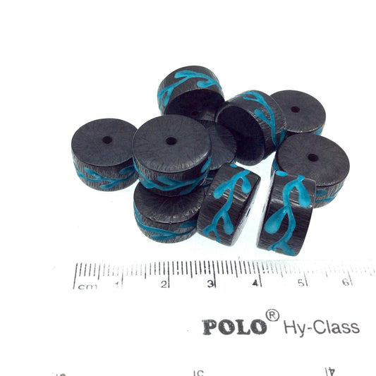 Hand-Carved Aqua Blue Colored Vine - Heishi Shaped Resin Bead - 10mm x 18mm approx - Sold by Packs Of Ten (10)