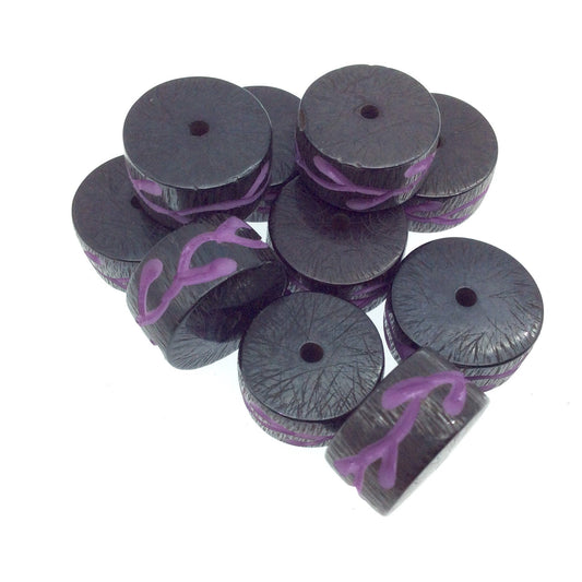 Hand-Carved Purple Colored Vine - Heishi Shaped Resin Bead - 10mm x 18mm approx - Sold by Packs Of Ten (10)
