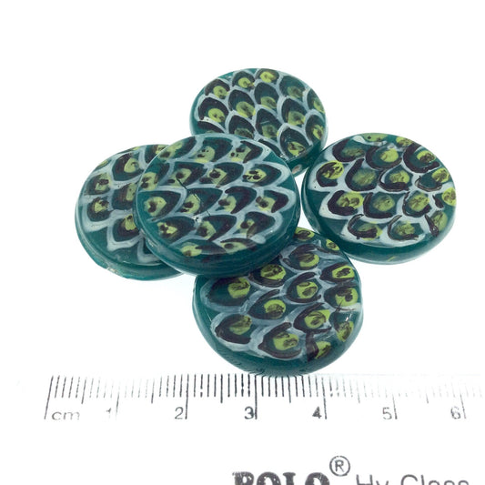 Hand Painted Peacock Feather Center-Drilled Teal Glass Bead - 28mm x 28mm approx - Sold by the Individual Piece