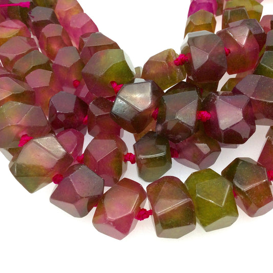 11-12mm x 15-17mm Faceted Dyed Pink/Green Watermelon Jade Nugget Beads - 16.5" Strand (~ 28 Beads per Strand)  - Semi-Precious Gemstone