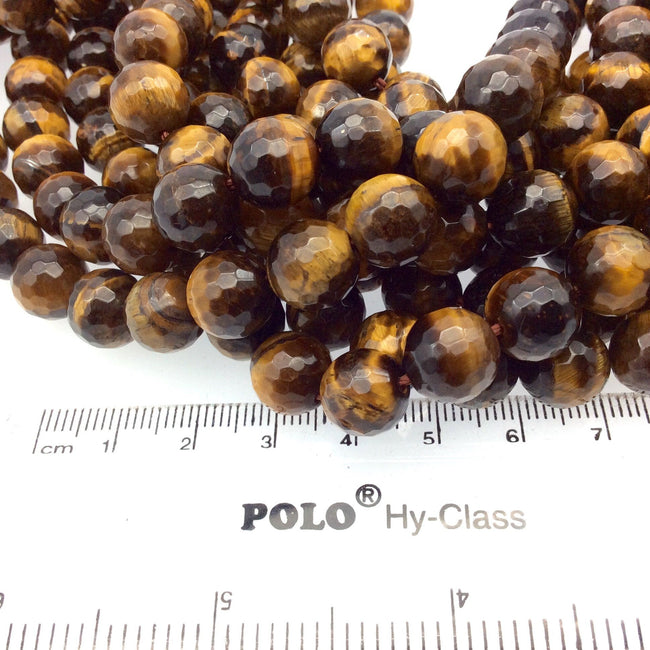 10mm Faceted Golden Brown Tiger Eye Round/Ball Shaped Beads - 14.5" Strand (Approx. 37 Beads) - Natural Hand-Strung Gemstone Bead Strand