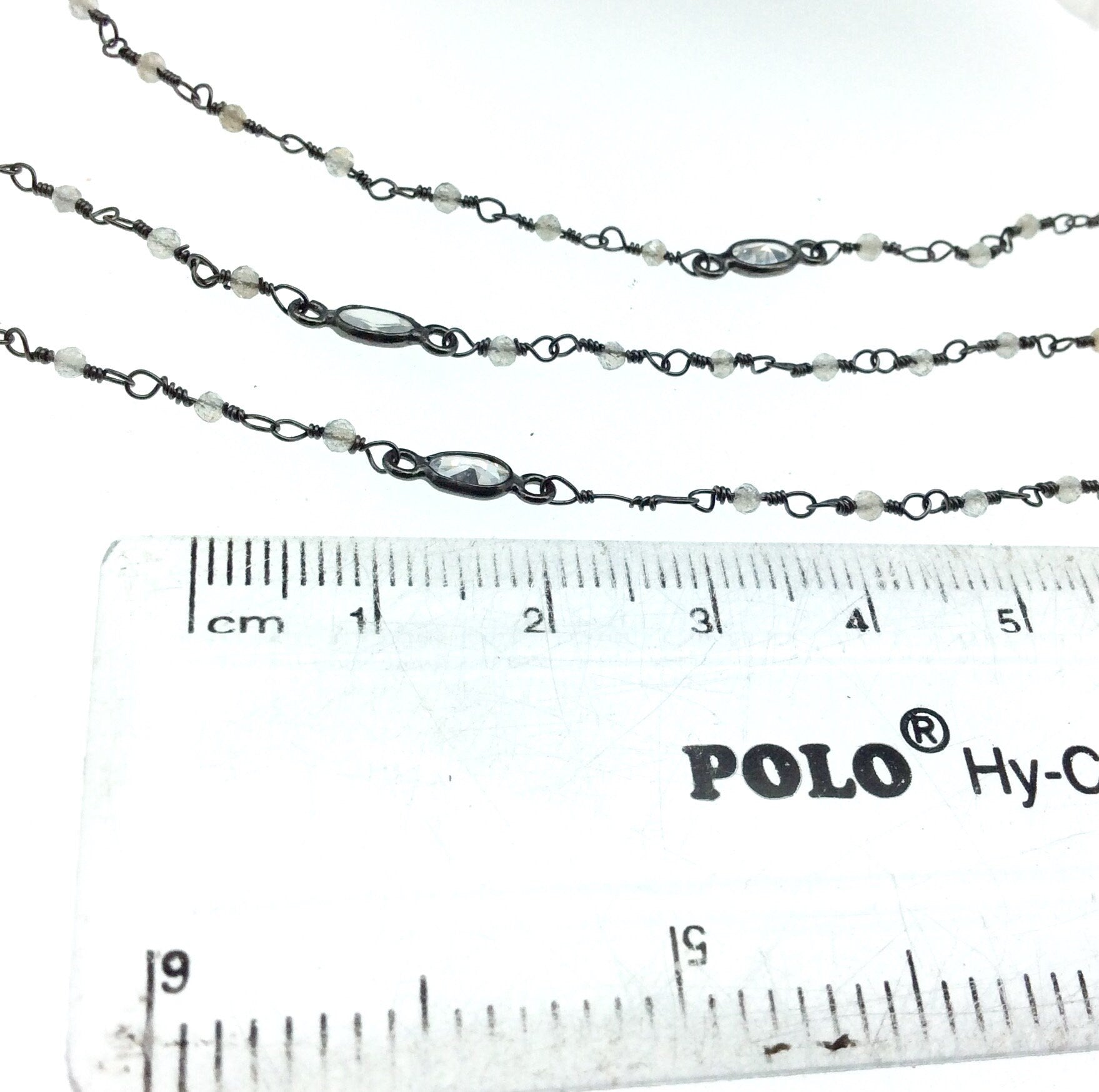 Gunmetal Plated Copper Rosary Chain with 2mm Mixed Moonstone Beads and 5mm Clear Hyrdro Quartz Marquise Bezels - Sold by the Foot