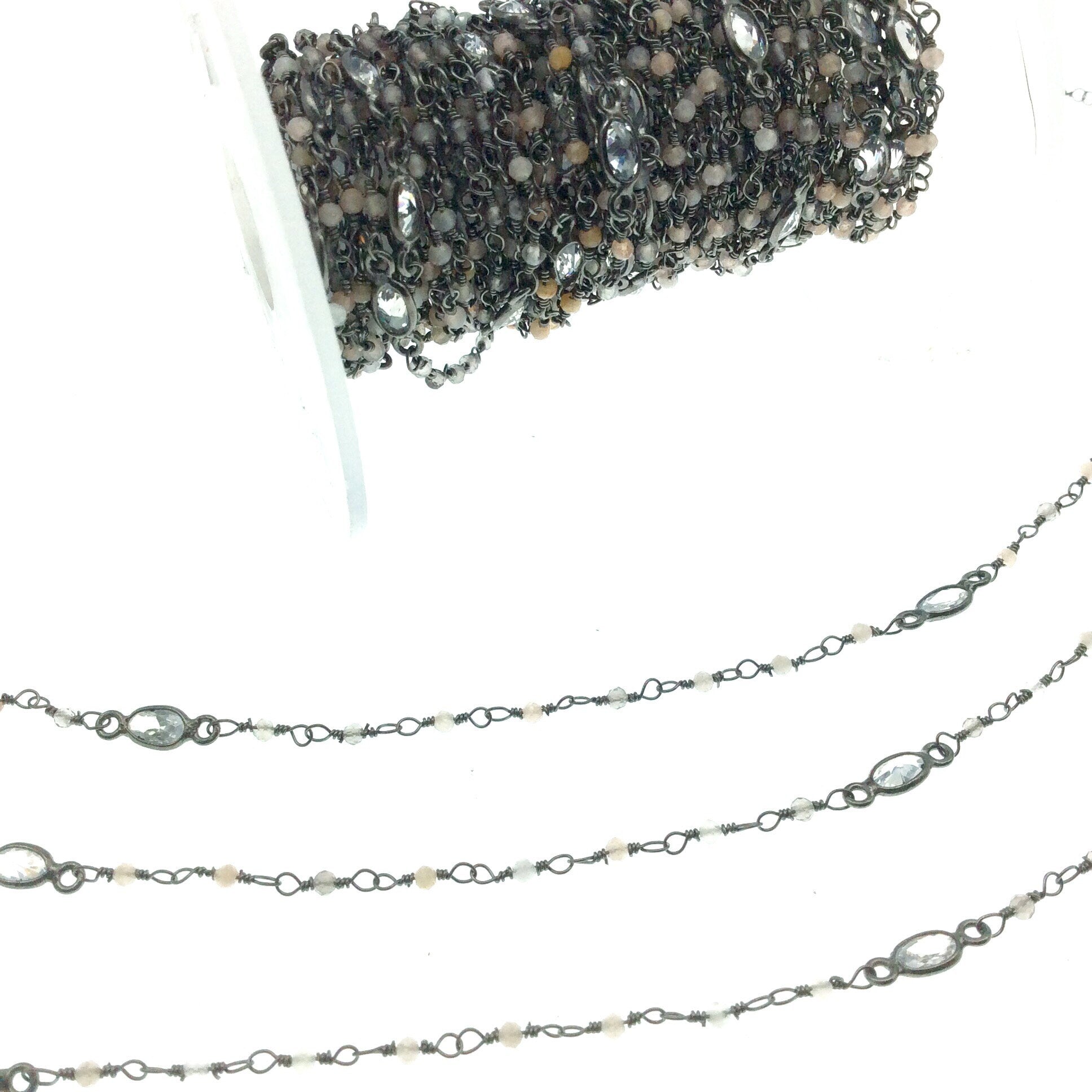 Gunmetal Plated Copper Rosary Chain with 2mm Mixed Moonstone Beads and 5mm Clear Hyrdro Quartz Marquise Bezels - Sold by the Foot