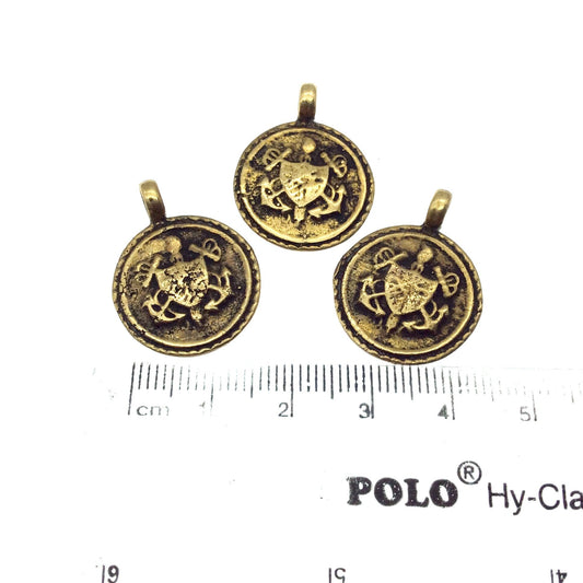 3/4" Oxidized Gold Plated Rustic Cast Shield/Coat-of-Arms Design Copper Round/Disc Pendant W Attached Ring  - 18mm Diameter, Approximately