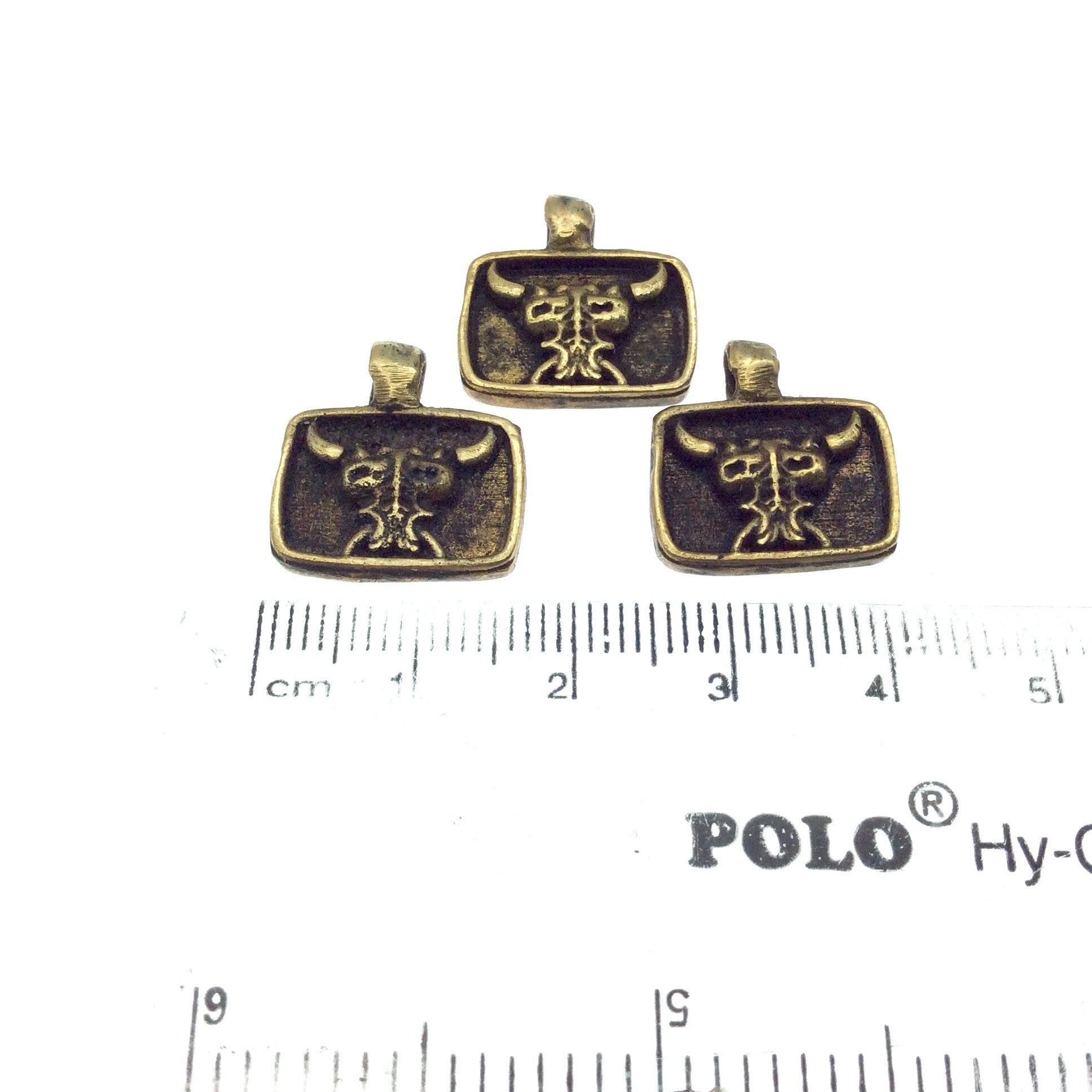 11mm x 15mm Oxidized Gold Plated Rustic Cast Bull/Dragon Icon Copper Rectangle Shaped Pendant with Attached Ring  - Sold Individually! (K-3)