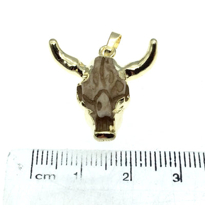1" Gold Electroplated Open Face Steer Skull  Shaped Resin Pendant with Attached Bail - Measuring 25mm x 22mm, Approx - Sold Individually