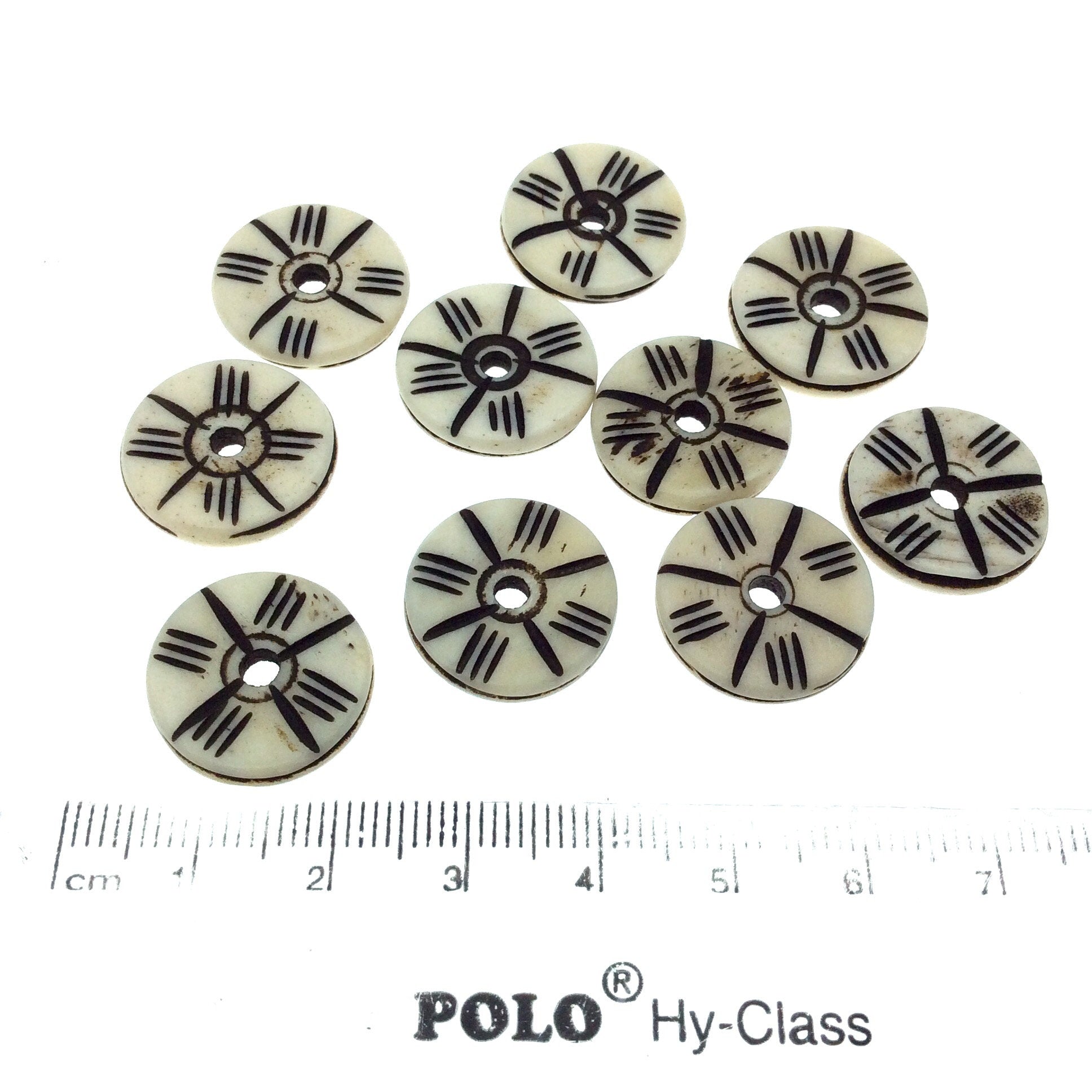 18mm Handcrafted Artistic Bone Beads - White/Ivory Heishi Bead with Black Carvings - 3.5mm Thick with 2.5mm Holes - Sold in Packs Of 10