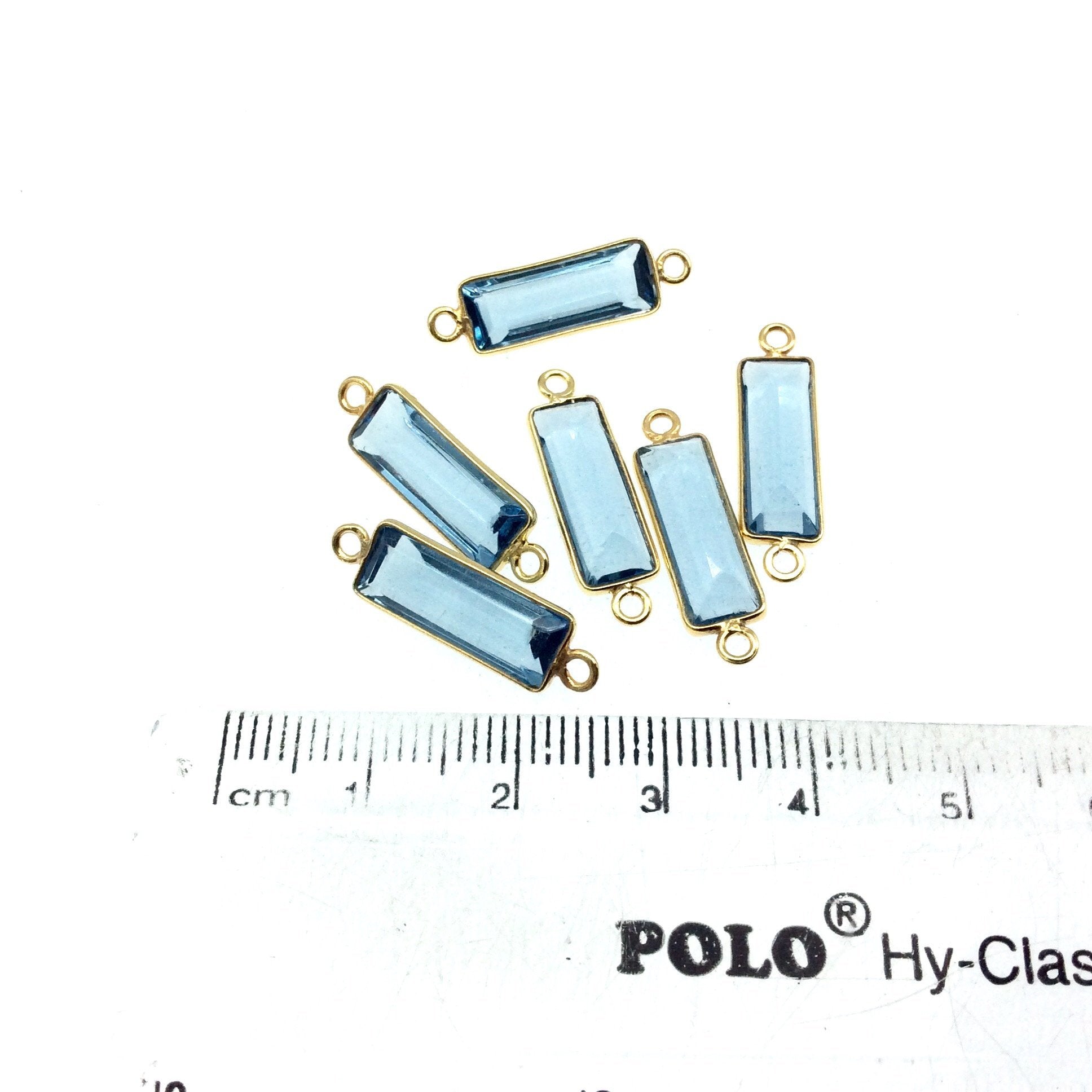 Gold Vermeil Faceted Cut Stone Rectangle Shaped Smoky Blue Hydro (Lab Created) Quartz Bezel Connector- Measuring 5mm x 15mm - Sold Per Piece