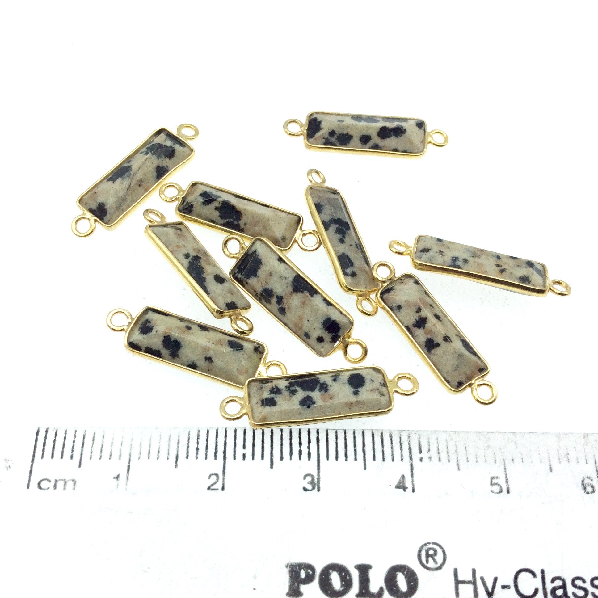 Gold Vermeil Faceted Cut Stone Rectangle Shaped Dalmatian Jasper Bezel Connector- Measuring 5mm x 15mm - Sold Per Piece