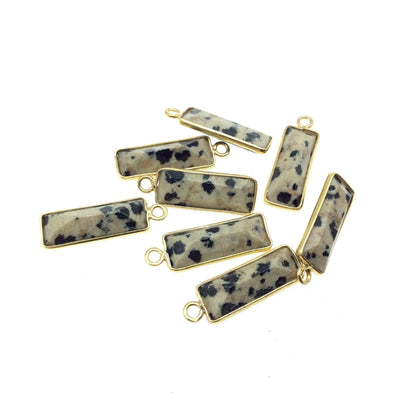 Gold Vermeil Faceted Cut Stone Rectangle Shaped Dalmatian Jasper Bezel Pendant / Connector - Measuring 5mm x 15mm - Sold Per Piece