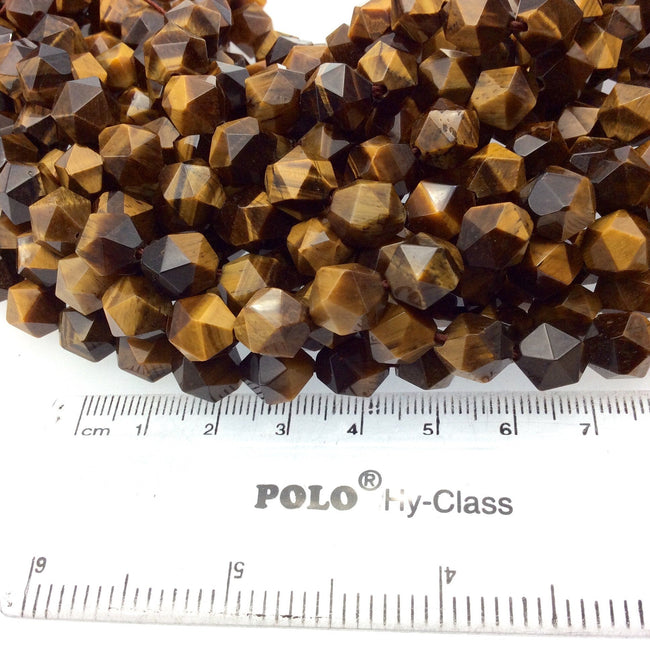 10mm Faceted Yellow Tiger Eye Lantern Shape Beads - 14.5" Strand (Approximately 38 Beads) - Natural Hand-Strung Gemstone Bead Strand