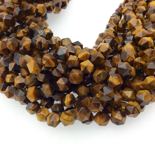 8mm Faceted Yellow Tiger Eye Lantern Shape Beads - 14.5" Strand (Approximately 50 Beads) - Natural Hand-Strung Gemstone Bead Strand