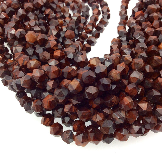8mm Faceted Red Tiger Eye Lantern Shape Beads - 14.5" Strand (Approximately 50 Beads) - Natural Hand-Strung Gemstone Bead Strand