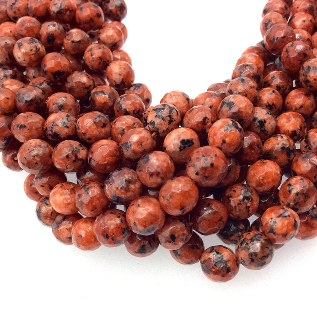 8mm Faceted Dyed Mottled Orange/Black Natural Jade Round/Ball Shaped Beads with 1mm Beading Holes - Sold by 15.25" Strands (~ 47 Beads)