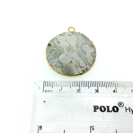 Medium Gold Electroplated Fossil Coral Faceted Round/Coin Shaped Pendant - Measures 22-30mm approx. - Sold Individually, Random