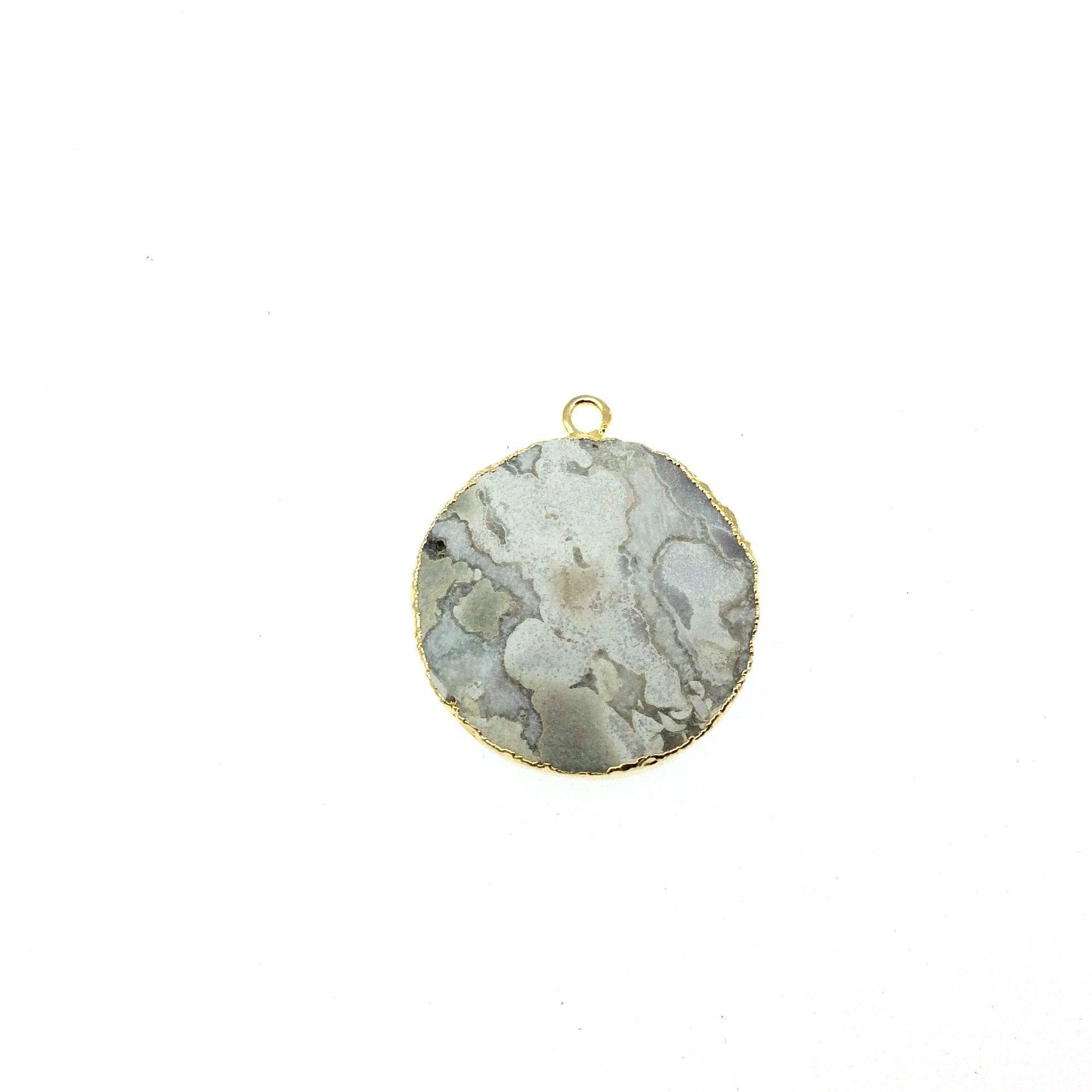 Medium Gold Electroplated Fossil Coral Faceted Round/Coin Shaped Pendant - Measures 22-30mm approx. - Sold Individually, Random