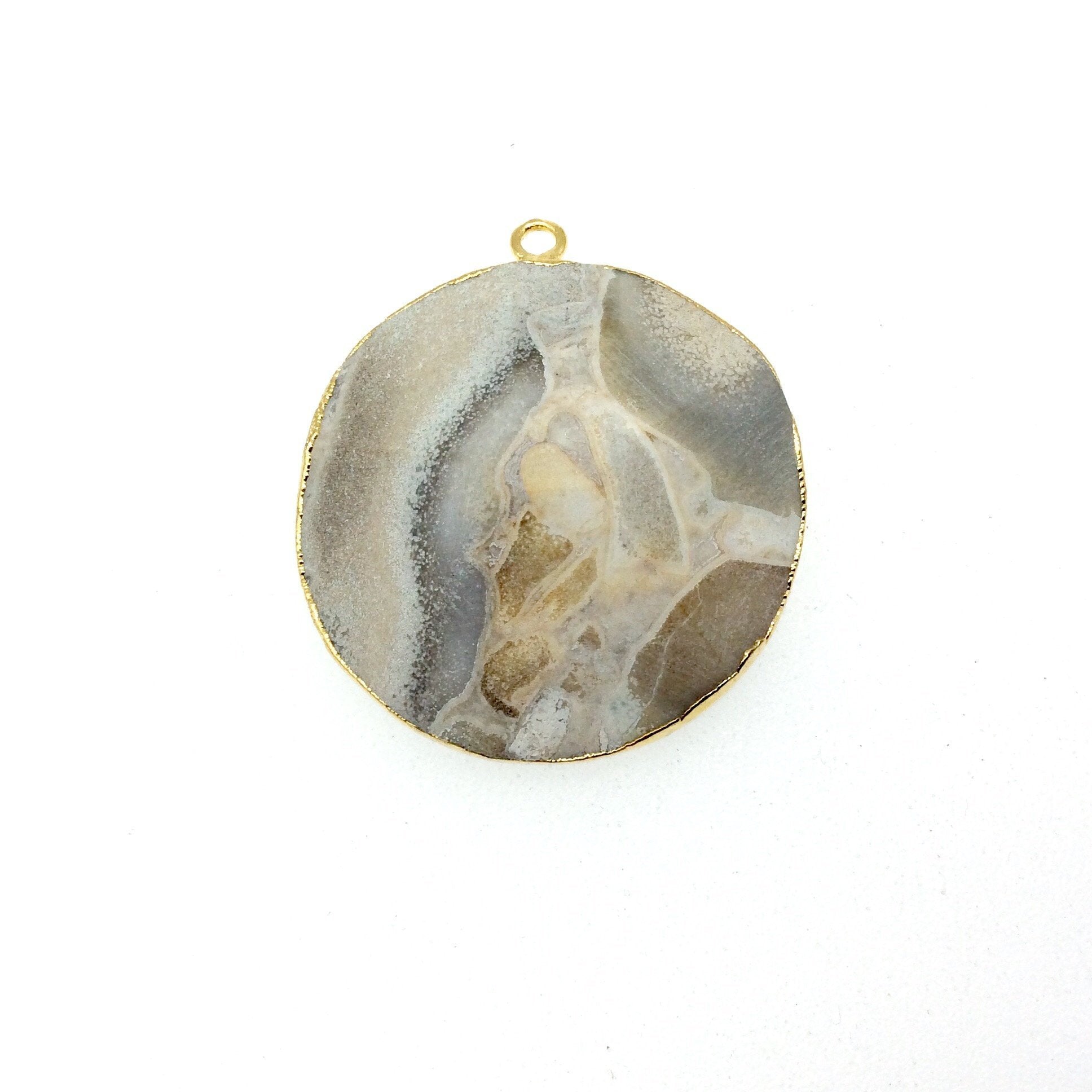 Large Gold Electroplated Fossil Coral Faceted Round/Coin Shaped Pendant - Measures 35-40mm approx. - Sold Individually, Random