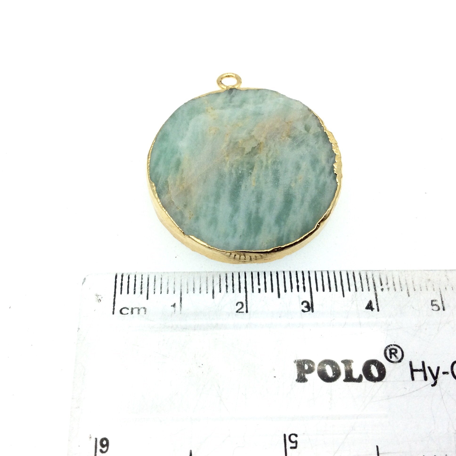 Medium Gold Electroplated Natural Amazonite Faceted Round/Coin Shaped Pendant - Measures 30mm x 30mm approx. - Sold Individually, Random