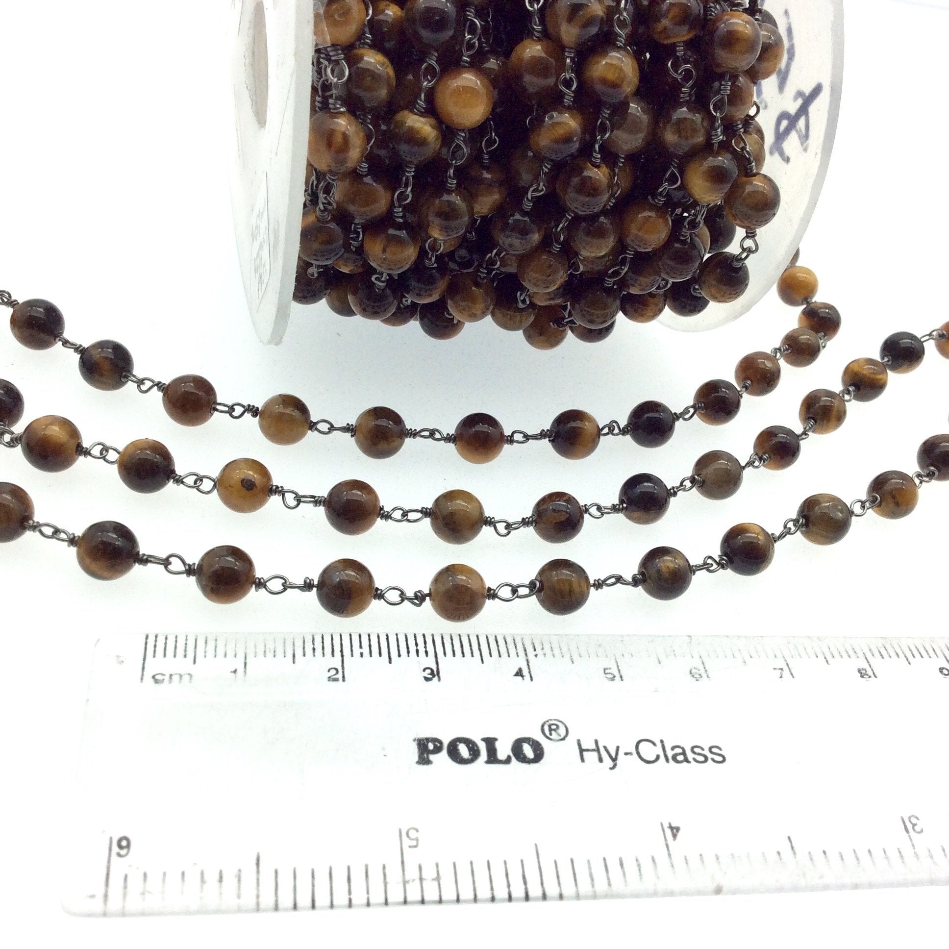 Gunmetal Plated Copper Rosary Chain with 6mm Round Tiger Eye Beads - Sold by the Foot! (CH296-GM) - Natural Semi-Precious Beaded Chain