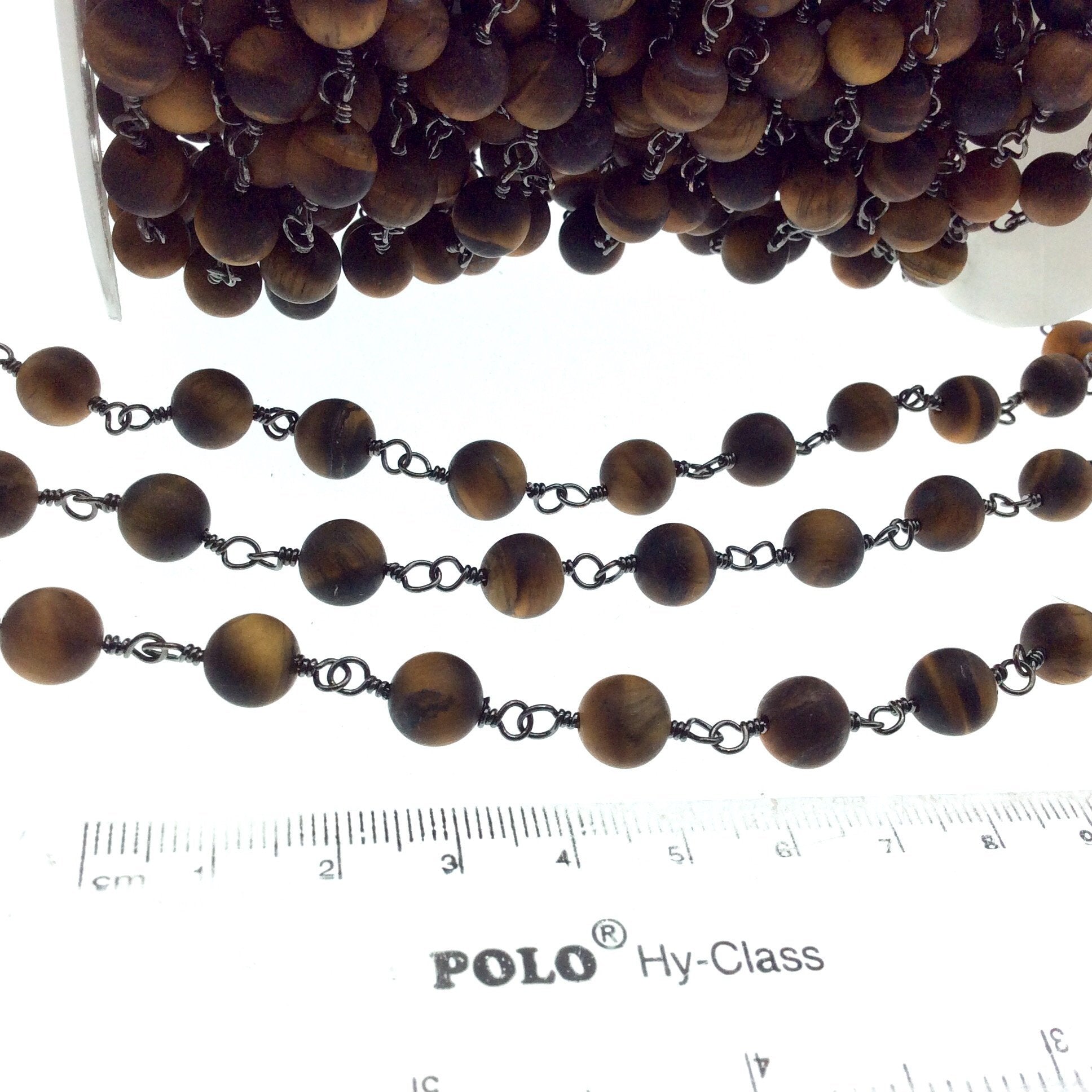 Gunmetal Plated Copper Rosary Chain with 8mm Matte Round Tiger Eye Beads - Sold by the Foot! (CH400-GM) - Semi-Precious Beaded Chain