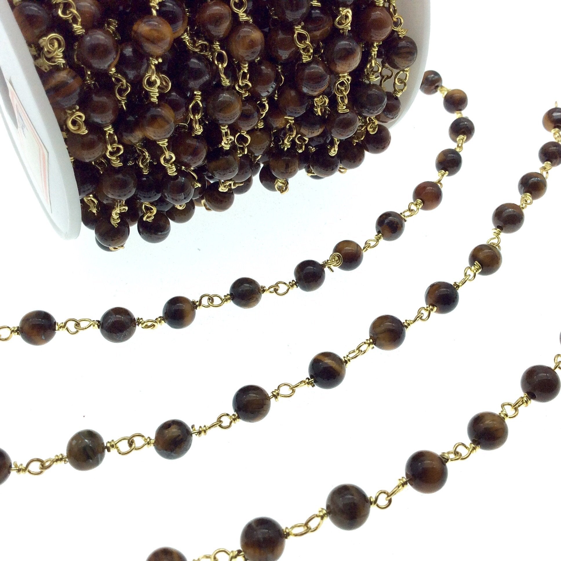 Gold Plated Copper Rosary Chain with 6mm Round Tiger Eye Beads - Sold by the Foot! (CH296-GD) - Natural Semi-Precious Beaded Chain