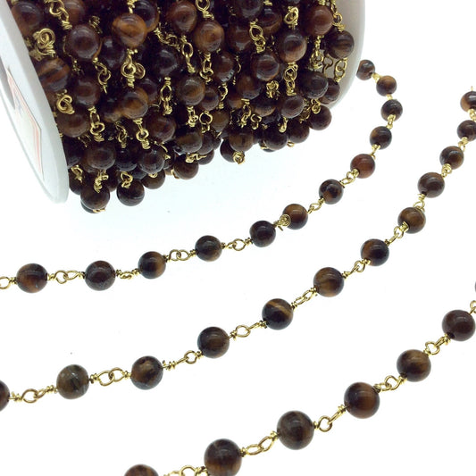 Gold Plated Copper Rosary Chain with 6mm Round Tiger Eye Beads - Sold by the Foot! (CH296-GD) - Natural Semi-Precious Beaded Chain
