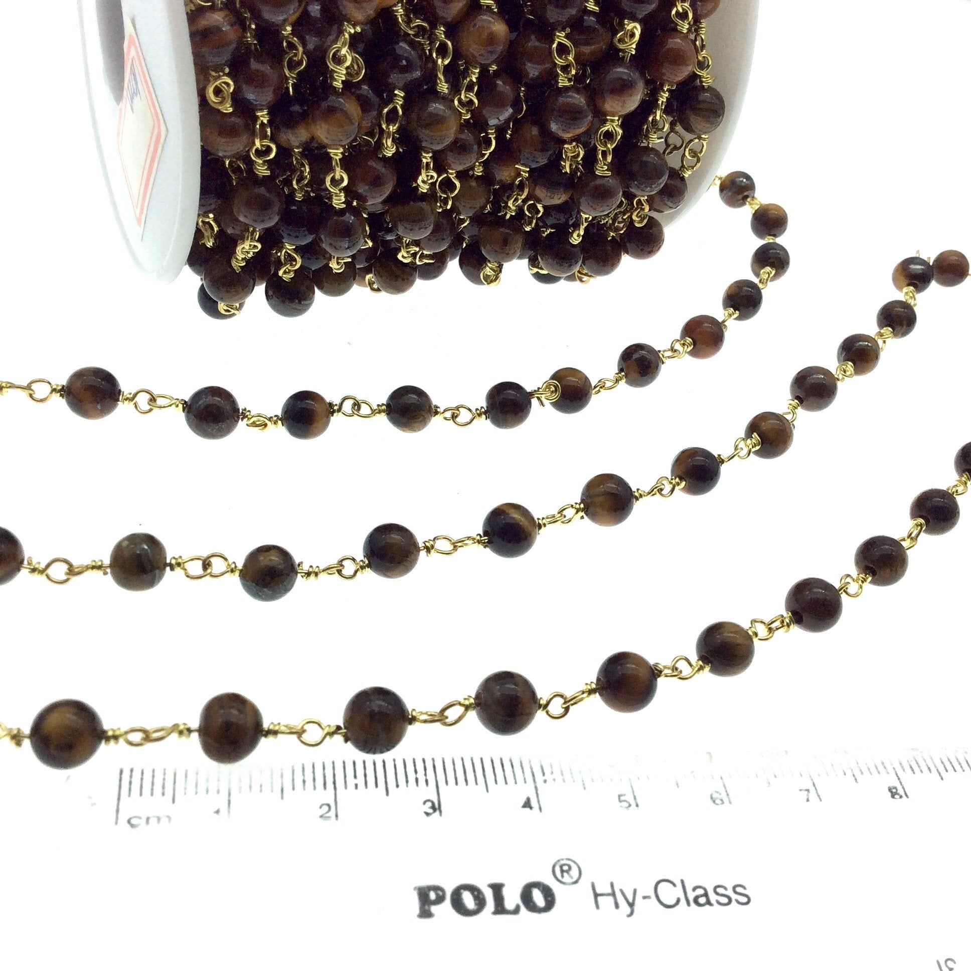 Gold Plated Copper Rosary Chain with 6mm Round Tiger Eye Beads - Sold by the Foot! (CH296-GD) - Natural Semi-Precious Beaded Chain