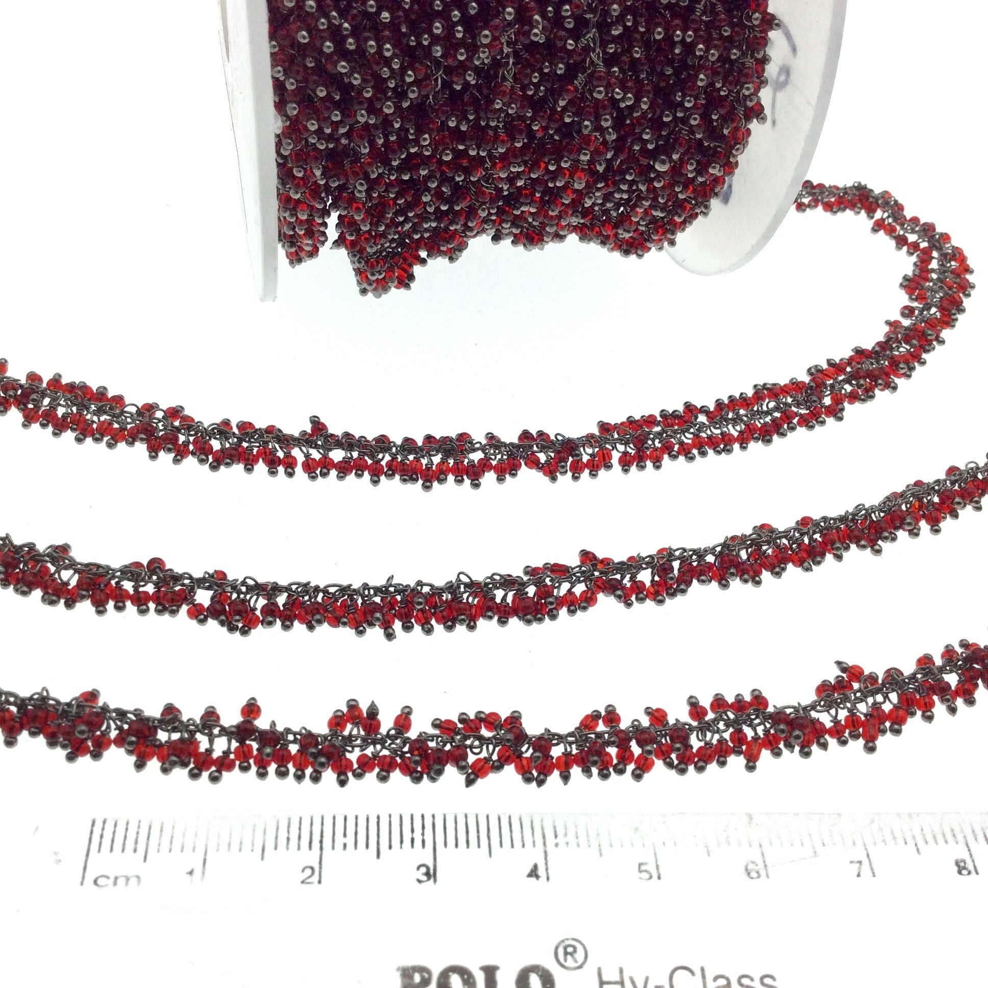 Gunmetal Plated Copper Double Dangle Cable Rosary Chain with 2mm Garnet Round Beads - Sold by 1' Cut Sections or in Bulk!