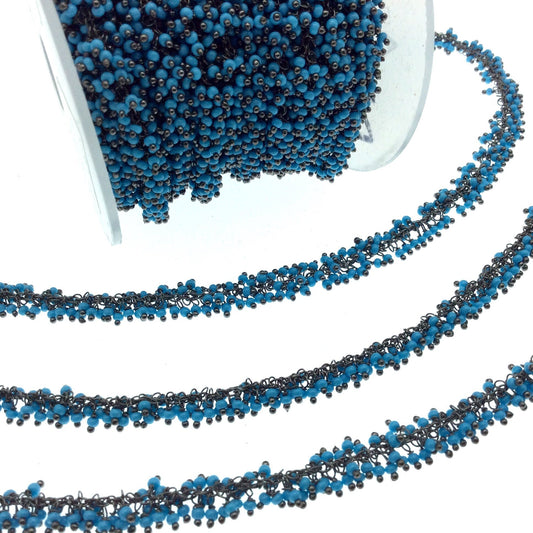 Gunmetal Plated Copper Double Dangle Cable Rosary Chain with 2mm Stabilized Turquoise Round Beads - Sold by 1' Cut Sections or in Bulk!