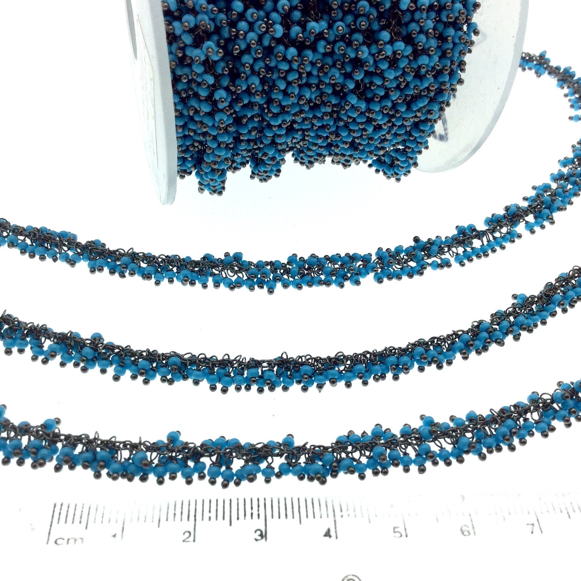 Gunmetal Plated Copper Double Dangle Cable Rosary Chain with 2mm Stabilized Turquoise Round Beads - Sold by 1' Cut Sections or in Bulk!