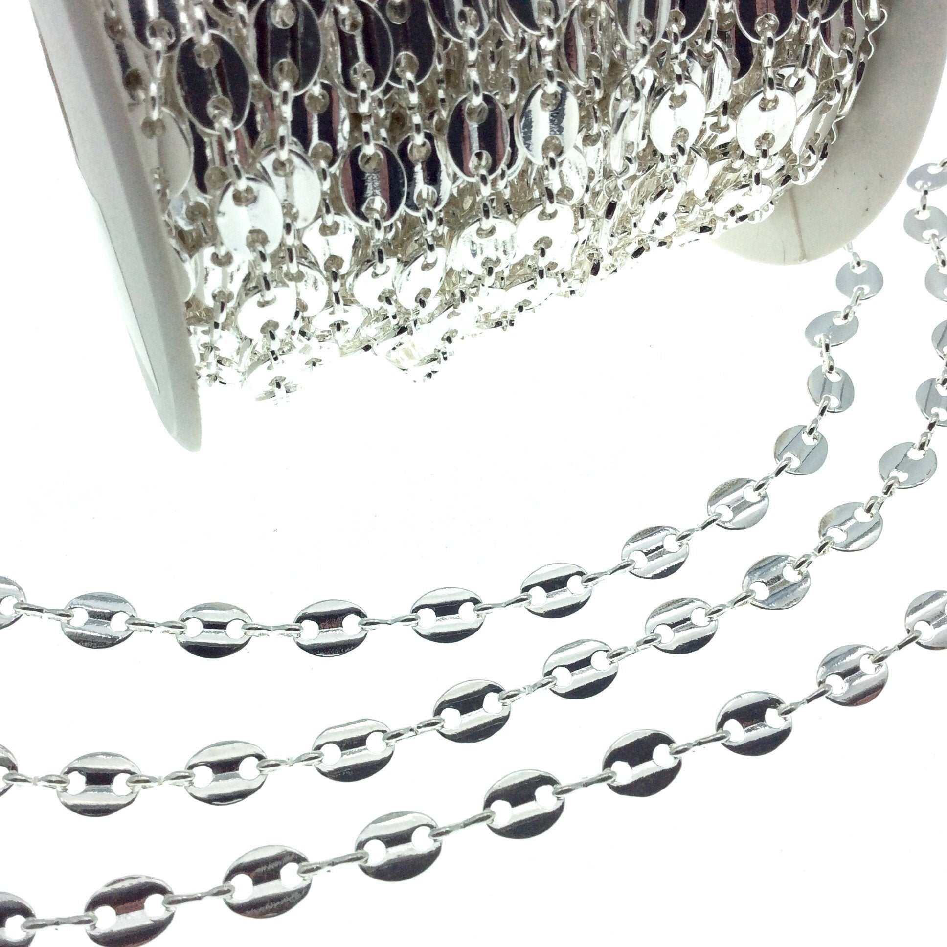 Silver Plated Brass Oval Disc and Link Chain - 8mm Oval With Connectors - Sold By the Foot!