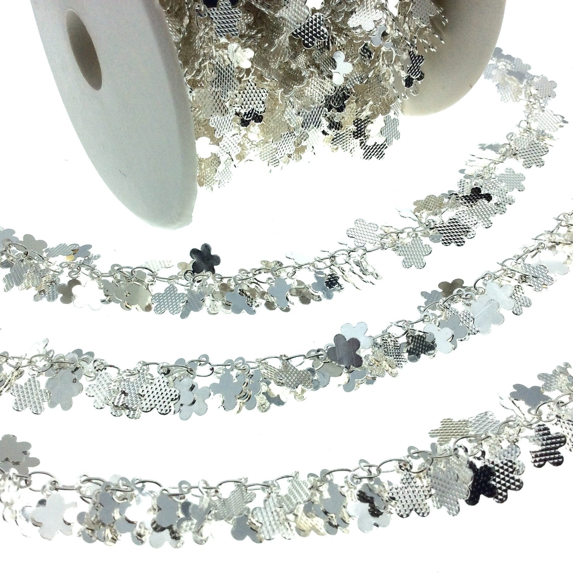 Silver Plated Copper Double Dangle Chain with 7mm Textured Flower Shaped Dangles - Sold by the Foot