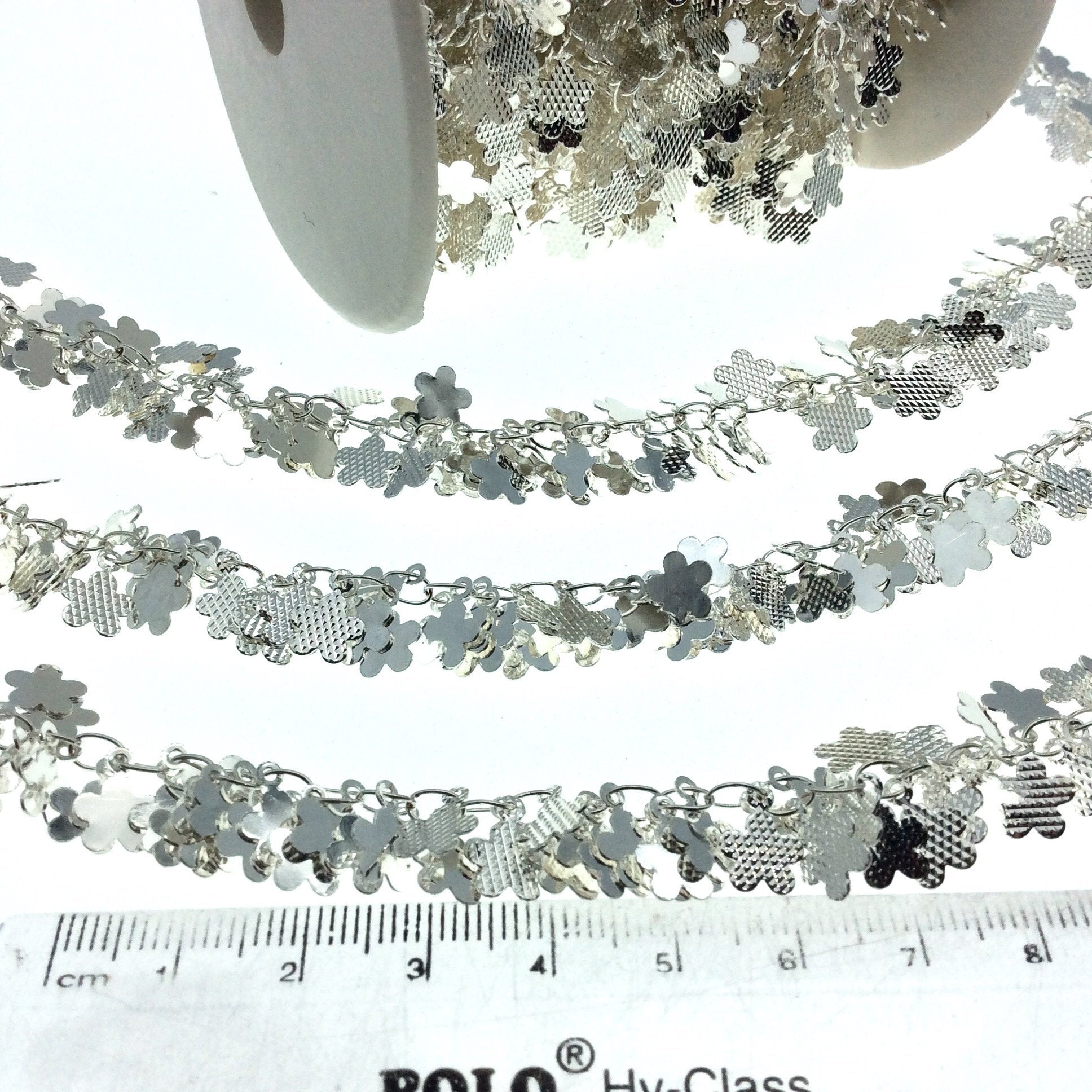 Silver Plated Copper Double Dangle Chain with 7mm Textured Flower Shaped Dangles - Sold by the Foot