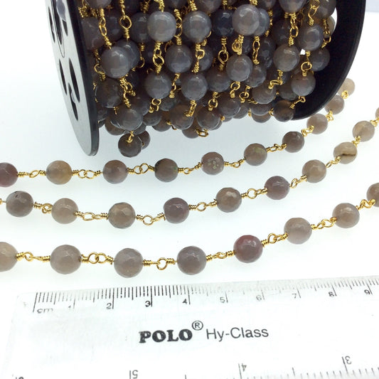 Gold Plated Copper Wrapped Rosary Chain with 8mm Faceted Pinkish Gray Agate Round Shaped Beads - Sold by the foot!