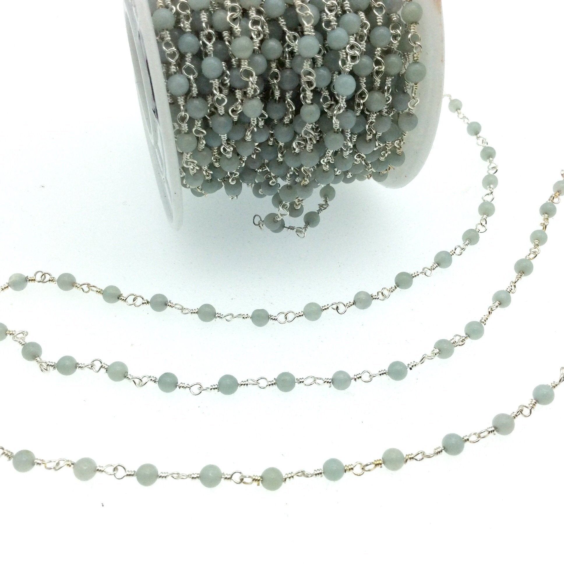 Silver Plated Copper Wrapped Rosary Chain with 3mm Natural Pale Amazonite Round Shaped Beads - Sold by 1' Cut Sections