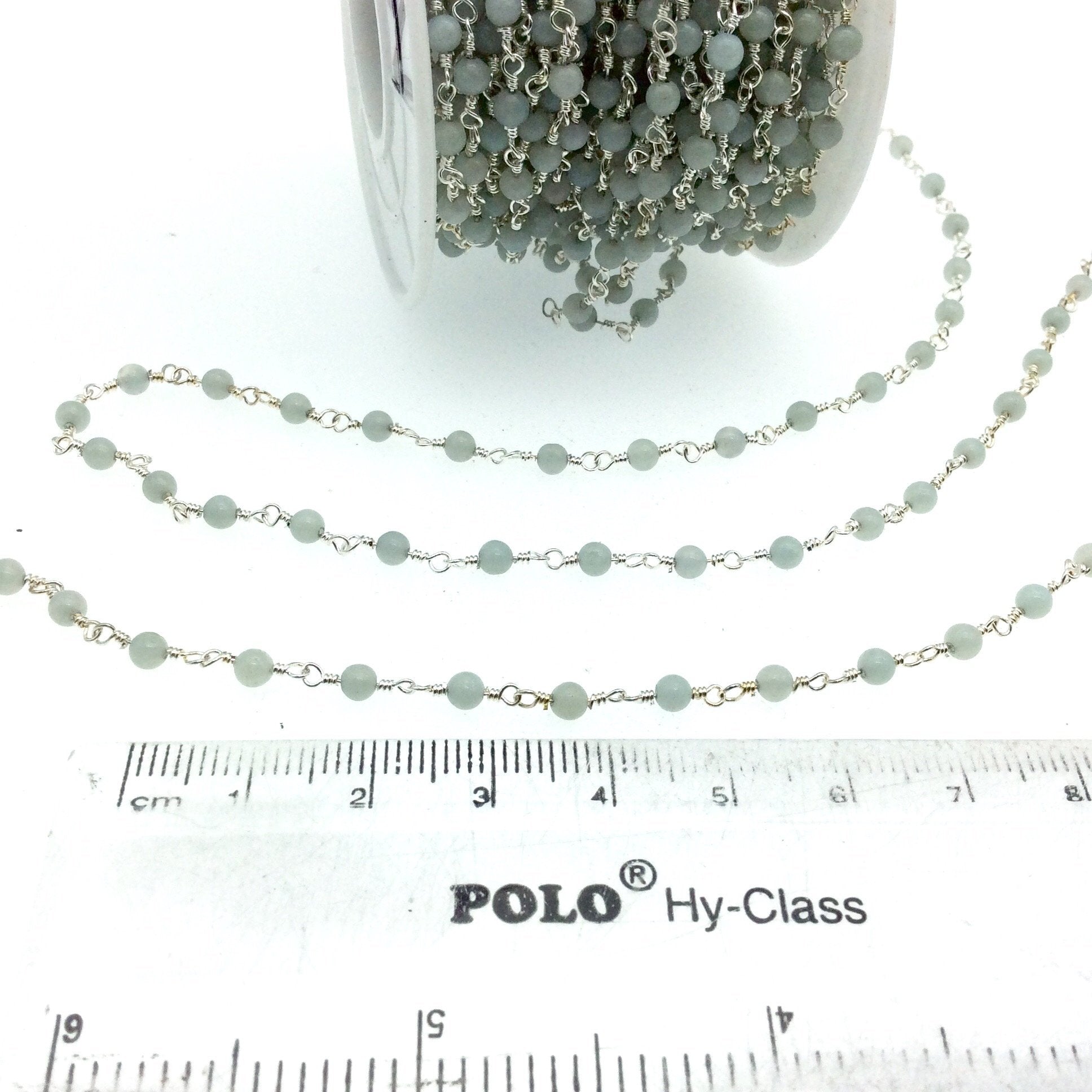 Silver Plated Copper Wrapped Rosary Chain with 3mm Natural Pale Amazonite Round Shaped Beads - Sold by 1' Cut Sections