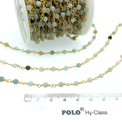 Gold Plated Copper Rosary Chain with 4mm Faceted Natural Mint Green Amazonite Round Shaped Beads - Semi-Precious Wrapped Beaded Chain