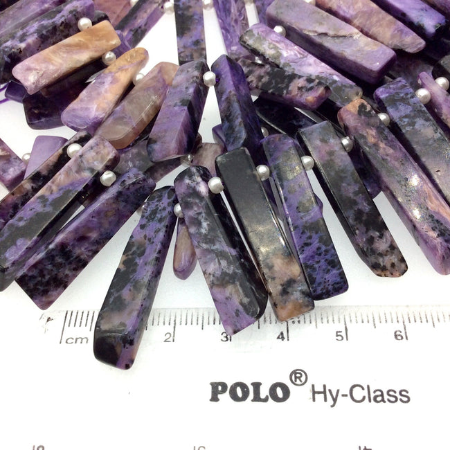 Natural Mottled Purple Charoite Flat Stick Shape Beads W 1mm Holes - ~ 5-8mm x 17-35mm, Approx. - Sold by 16.5" Strands (Approx. 46 Beads)