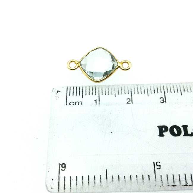 Gold Finish Faceted Diamond Shaped Glacier Green Quartz Bezel Connector (two rings) - Measures 9mm x 9mm - Natural Semi-precious Gemstone