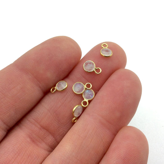 BULK PACK of Six (6) Gold Sterling Silver Pointed/Cut Stone Faceted Round/Coin Shaped Moonstone Bezel Pendants - Measuring 4mm x 4mm