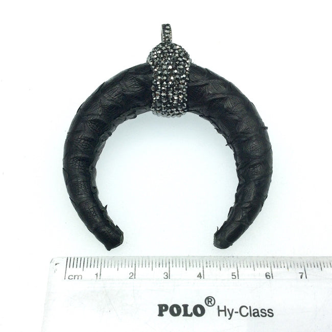 Pave Rhinestone Encrusted Black Leather Crescent Pendant with Gray Rhinestones and Clip Bail - Measuring 67mm x 70mm, Approx.