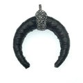 Pave Rhinestone Encrusted Black Leather Crescent Pendant with Gray Rhinestones and Clip Bail - Measuring 67mm x 70mm, Approx.