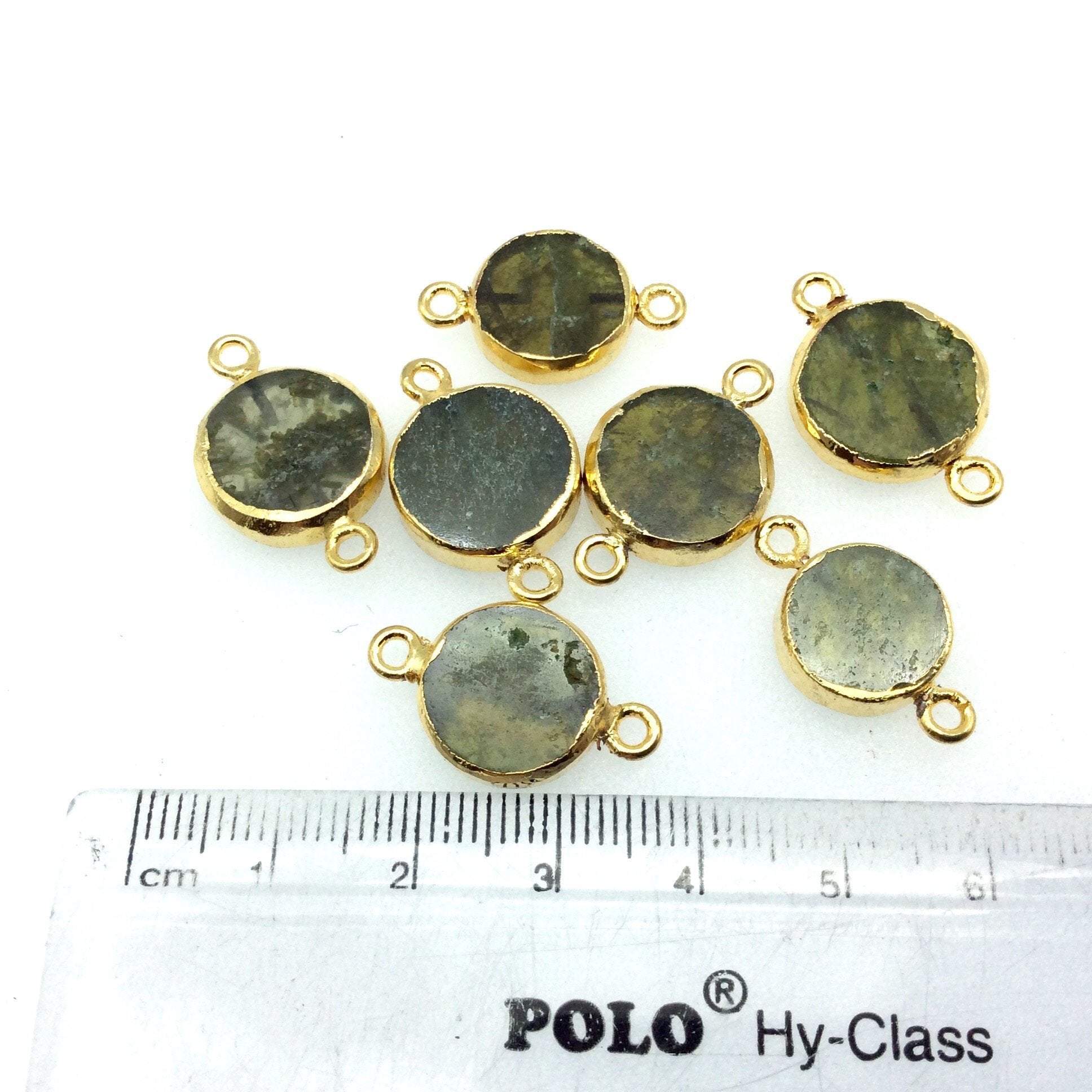 Gold Electroplated Natural Flat Green Vasonite Round/Coin Shaped Connector - 12mm - 14mm  Long Approx. - Sold Per Each, Selected at Random
