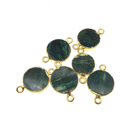 Gold Electroplated Natural Flat Green Aventurine Round/Coin Shaped Connector - 13mm - 15mm  Long Approx. - Sold Per Each, Selected at Random