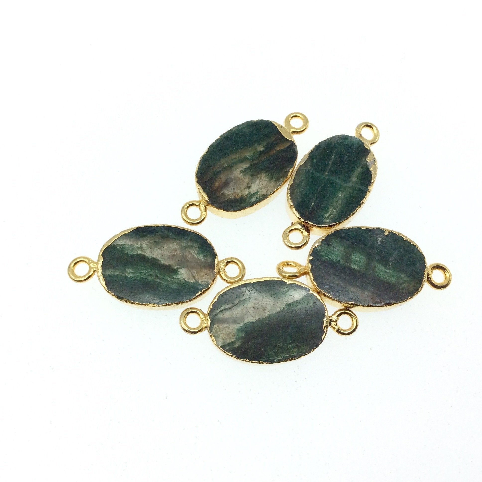 Gold Electroplated Natural Flat Green Aventurine Oval Shaped Connector - 17mm - 19mm  Long Approx. - Sold Per Each, Selected at Random