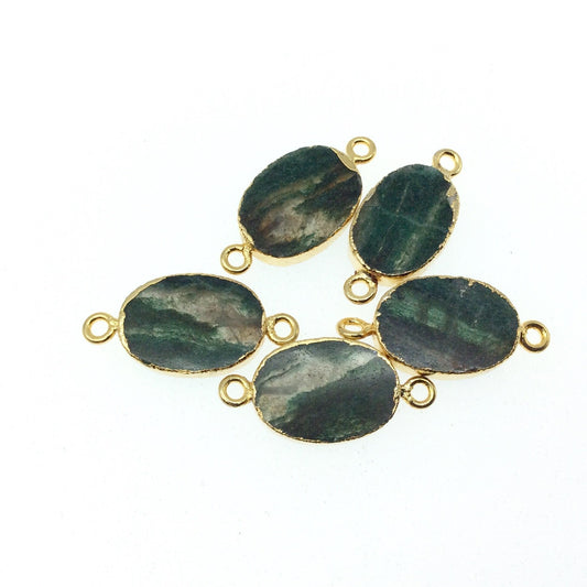 Gold Electroplated Natural Flat Green Aventurine Oval Shaped Connector - 17mm - 19mm  Long Approx. - Sold Per Each, Selected at Random