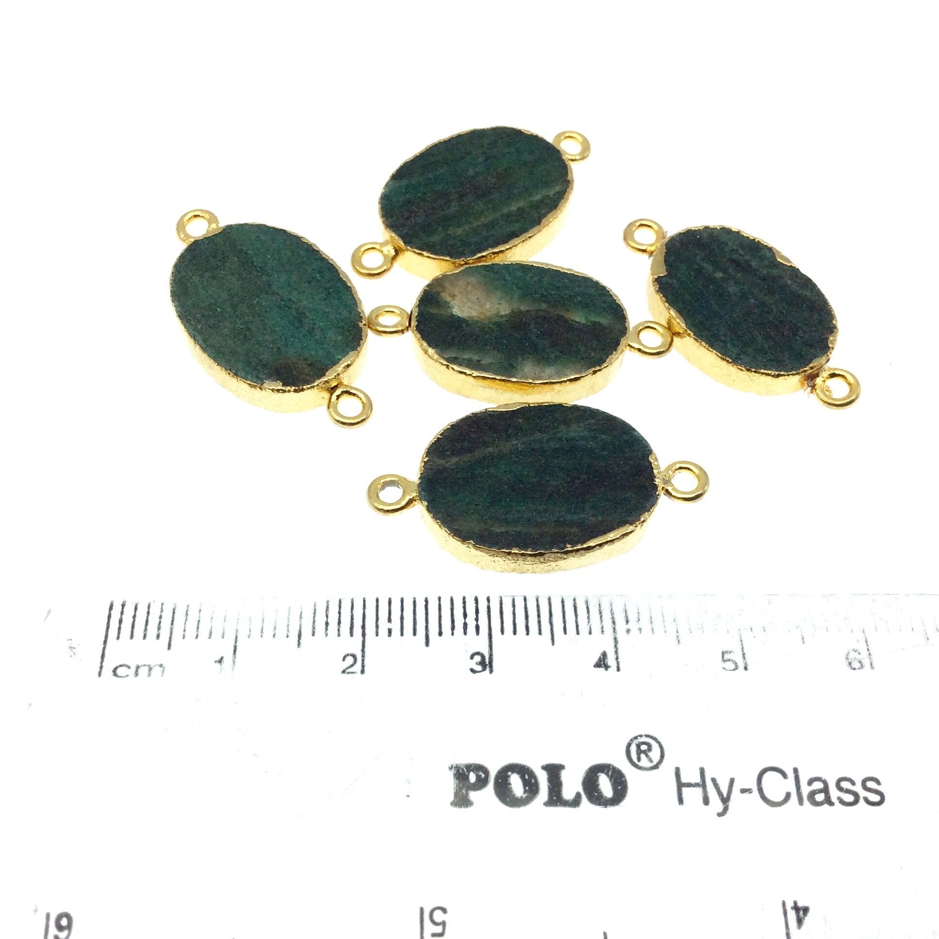 Gold Electroplated Natural Flat Green Aventurine Oval Shaped Connector - 20mm - 22mm  Long Approx. - Sold Per Each, Selected at Random