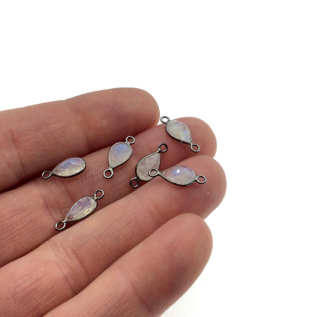 BULK PACK of Six (6) Gunmetal Sterling Silver Pointed/Cut Stone Faceted Teardrop/Pear Shaped Moonstone Bezel Connectors-Measuring 5mm x 8mm