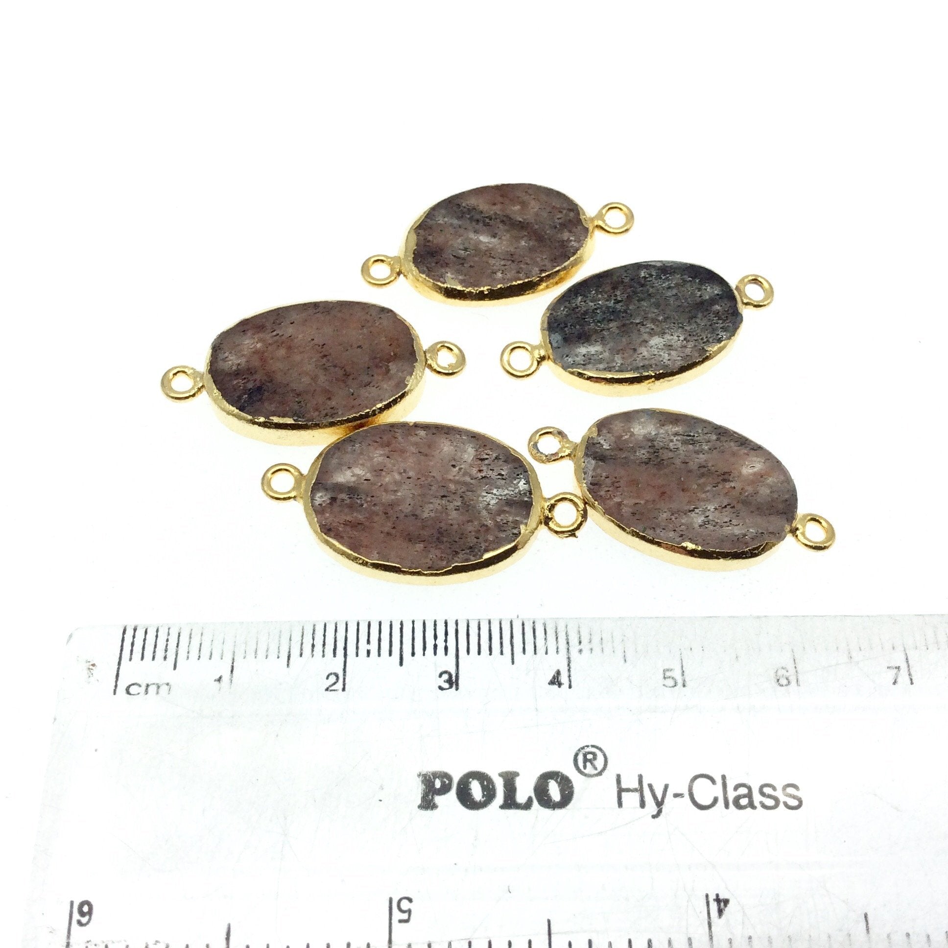 Gold Electroplated Natural Flat Red/Black Rutilated Quartz Oval Shape Connector - ~ 20mm - 22mm  Long  - Sold Per Each, Selected at Random