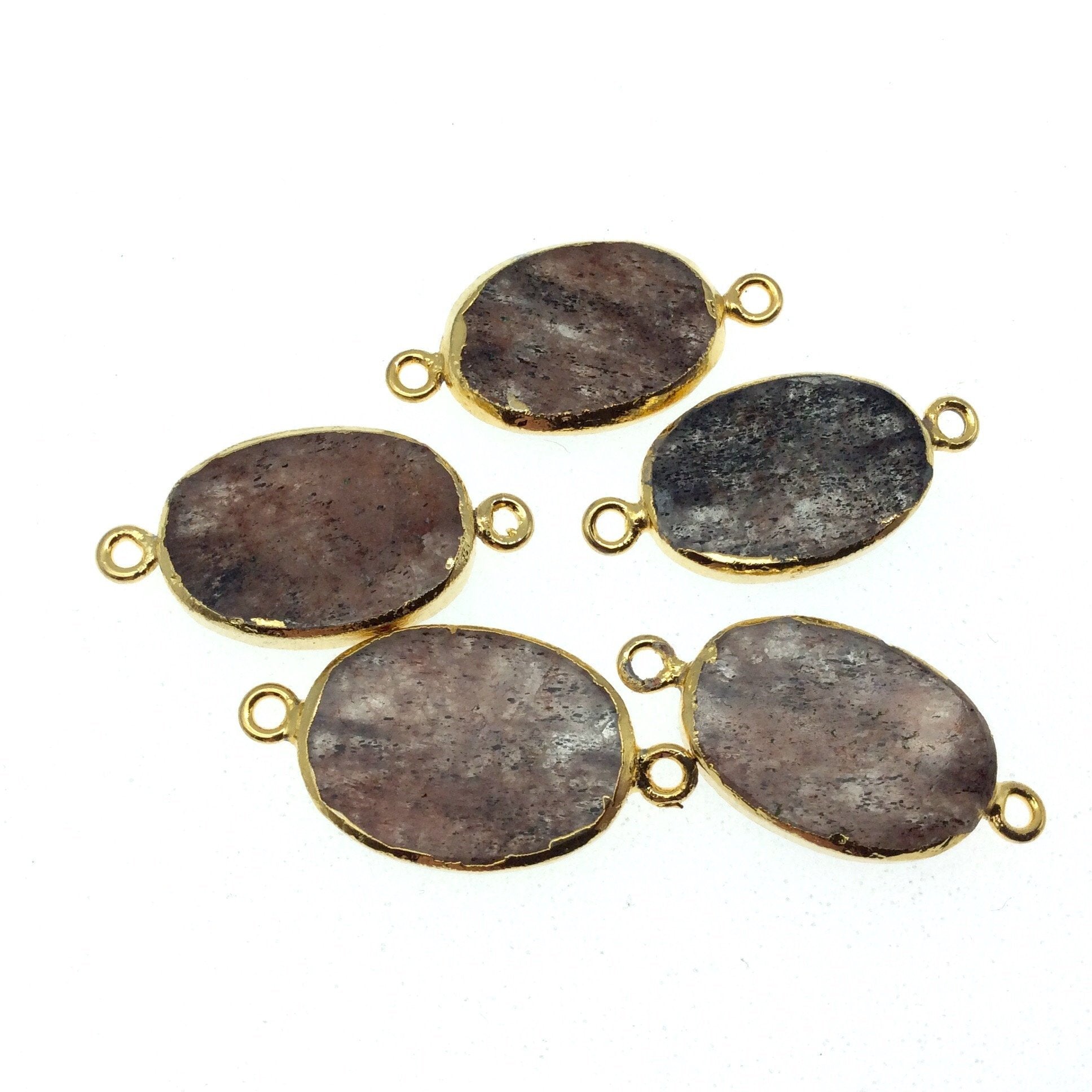 Gold Electroplated Natural Flat Red/Black Rutilated Quartz Oval Shape Connector - ~ 20mm - 22mm  Long  - Sold Per Each, Selected at Random